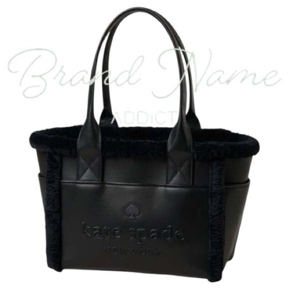 Kate Spade Large 17” Jett Black Faux Shearling Patent Leather Tote Bag - Picture 1 of 6
